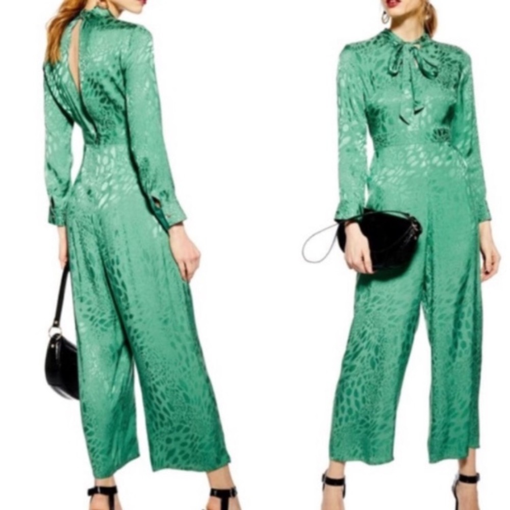 NWT Topshop Jacquard Green Jumpsuit Cropped Animal